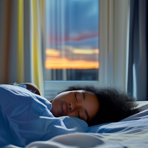 Prompt: Beautiful young black Woman, blue nightgown,  sleeping in bed if shades of gray color, background is huge bedroom window revealing night sky