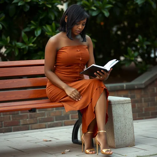 Prompt: Slim brown skin black beautiful woman, form fitted slim long brown button down dress, gold high heels, short straight shoulder length hair, sitting on bench reading a book