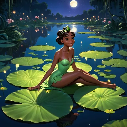 Prompt: Tatiana, princess and the frog, black Disney princess movie, cartoon, pretty face, full body view,  barefoot, laying on a very huge Lilly pad bed in the middle of a lake, the lilly pad is oversized, low light, frogs are surrounding, moonlight, fireflies, pretty feet