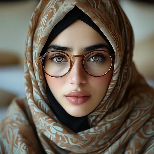 Prompt: Beautiful Arab woman, light hazel eyes, wearing glasses with large circular rims, wearing a patterned hijab, short robe, feet showing, serious face, on laying on large bed, thin body, serious face, mesmerizing stare,barefoot, full body view.