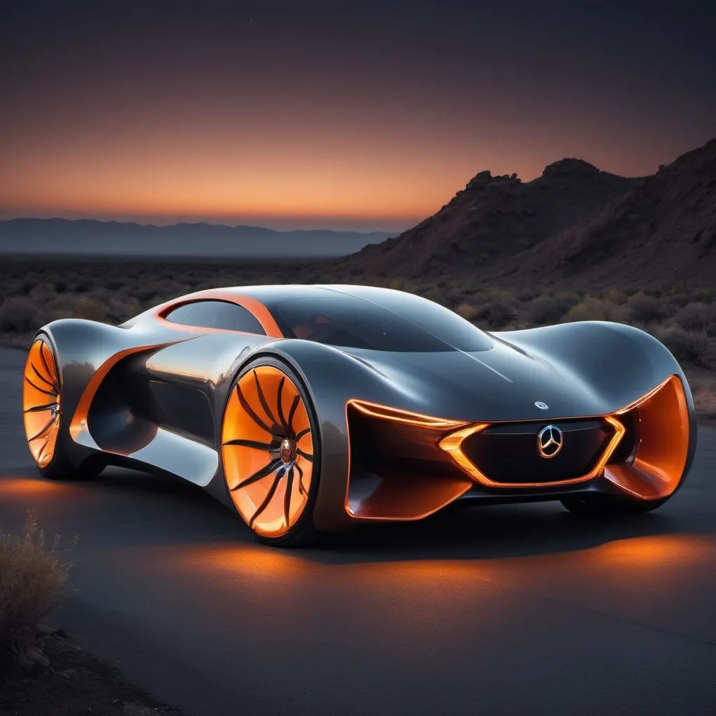 Prompt: Futuristic concept car at night, metal flared skeleton walls, sustainable design, orange and dark gray gradient, organically shaped body, electric, clear 