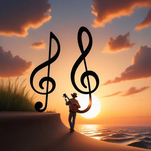 Prompt: adventure in the form of music. a trebel clef and bass clef riding off into the sunset

