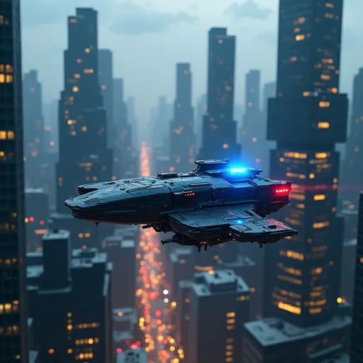 Prompt: A futuristic city, tall skyscraper buildings, the skyscrapers have many windows, view is from the sky, there is a flying police car, the police hover craft car has an aerodynamic shape, the police car has blue and red strobe lights on top, it is night time, all of the flying cars are airborne, the sky is cloudy