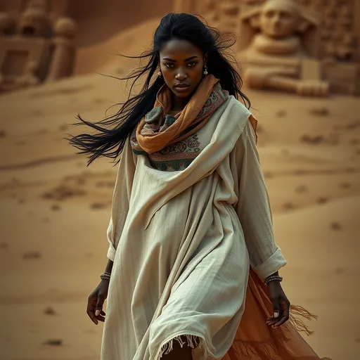 Prompt: A photorealistic detailed image of a seductive dark model girl wearing futuristic linen wavy allover oversized  baggy style dress,  pashmina shawl with hand embroidery around her neck.  melodramatic Egyptian background .  Capture motion. Dramatic shot. Capture full body figure upto feet. 