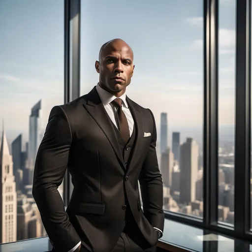 Prompt: A handsome a 35-year-old bald light skin black man with sharp jawlines and piercing brown eyes. He wears a tailored black suit, exuding an aura of power and confidence, standing in his luxurious office, looking out over the city skyline through floor-to-ceiling windows, his expression stoic as he contemplates his empire