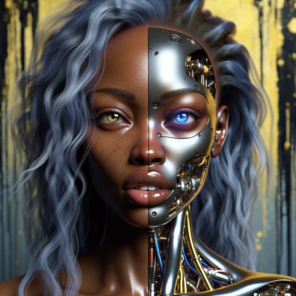 Prompt: Photo of a very dark-skinned attractive woman, realistic look, slightly kissing mouth, detailed realistic white teeth, disheveled long blue hair, direct eye contact, open blue detailed eyes, high level of detail, every pore is visible, realistic, 
woman is futuristically transformed into a chrome-plated structure covered in wires. The left blue eye is shown in photo-realistic detail. the right eye futuristic. It is surrounded by silver and gold detailed small shapes against an abstract background that depicts dark yellow tones as dripping paint
background with pastel highlights , individual bright lights, professionally detailed eyes, realistic lighting, high resolution