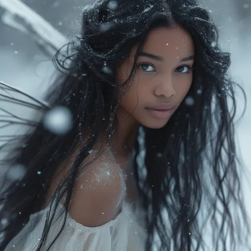 Prompt: Black biracial beautiful woman fairy, very long hair down to her knees, flying slightly above the ground, floating, celestial face, eloquent form fitting fancy white dress, floating over over a snow covered field, hovering in flight, realistic, snowflakes are falling very long straight white hair, hair is down to the ground, masterpiece quality, black young woman fairy, fairy clothes holding magic wand with a snowflake at the top, big wings, serious face, petite, barefoot, seductive smile, realistic, mystical, 