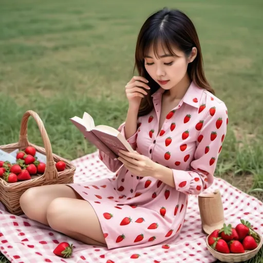 Prompt: Slim Asian beautiful woman, form fitted slim long pink button down dress with strawberry pattern, barefoot, short straight shoulder length hair, on a picnic blanket reading a book