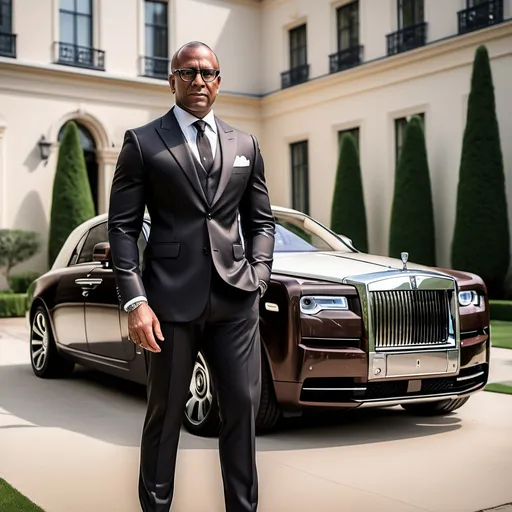 Prompt: A multibillionaire 50 years old brown skinned black man, with glasses, short cropped hair, 
standing in front rolls Royce phantom in front of a luxurious mansion, the man is dressed in a stylish tailored fitted suit