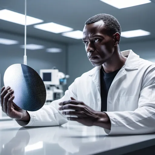 Prompt: A male robot half black man cyborg, in a clean room lab lab holding a 12 inch silicon wafer, the wafer is colorful and reflective, the man is standing up, side view, looking away from viewer