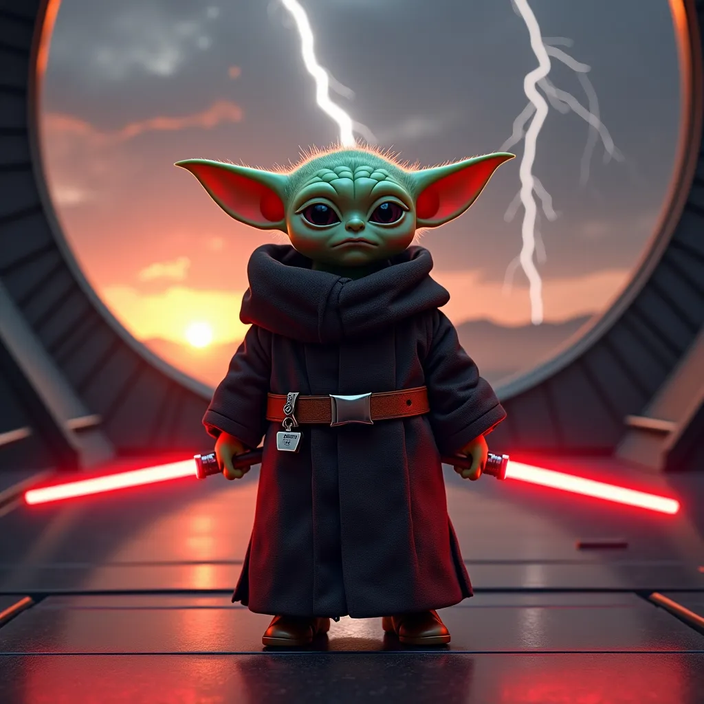 Prompt: (medium full shot) of baby Yoda,  light brown ski, wearing a black Jedi robe , simple cloth belt, tall leather boots, Jedi communicator, holding two lightsabers with red blades.  serious face, set in  a compact, agile spaceship, with minimalistic design and the hum of the hyperdrive, a place of speed and agility, at twilight, ,Masterpiece, best quality, photorealistic, amazing quality, very aesthetic, extremely detailed face, lightning storm in background