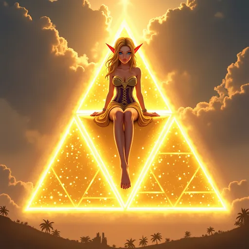 Prompt: The triforce, from “the legend of Zelda”, three golden triangle together form a triangle, heavenly, radiating power, the triforce glows in the sky, Princess Zelda sits on top of the triforce, Zelda is wearing a beautiful corset dress that is short cut, she is barefoot, she has a deviant smile.