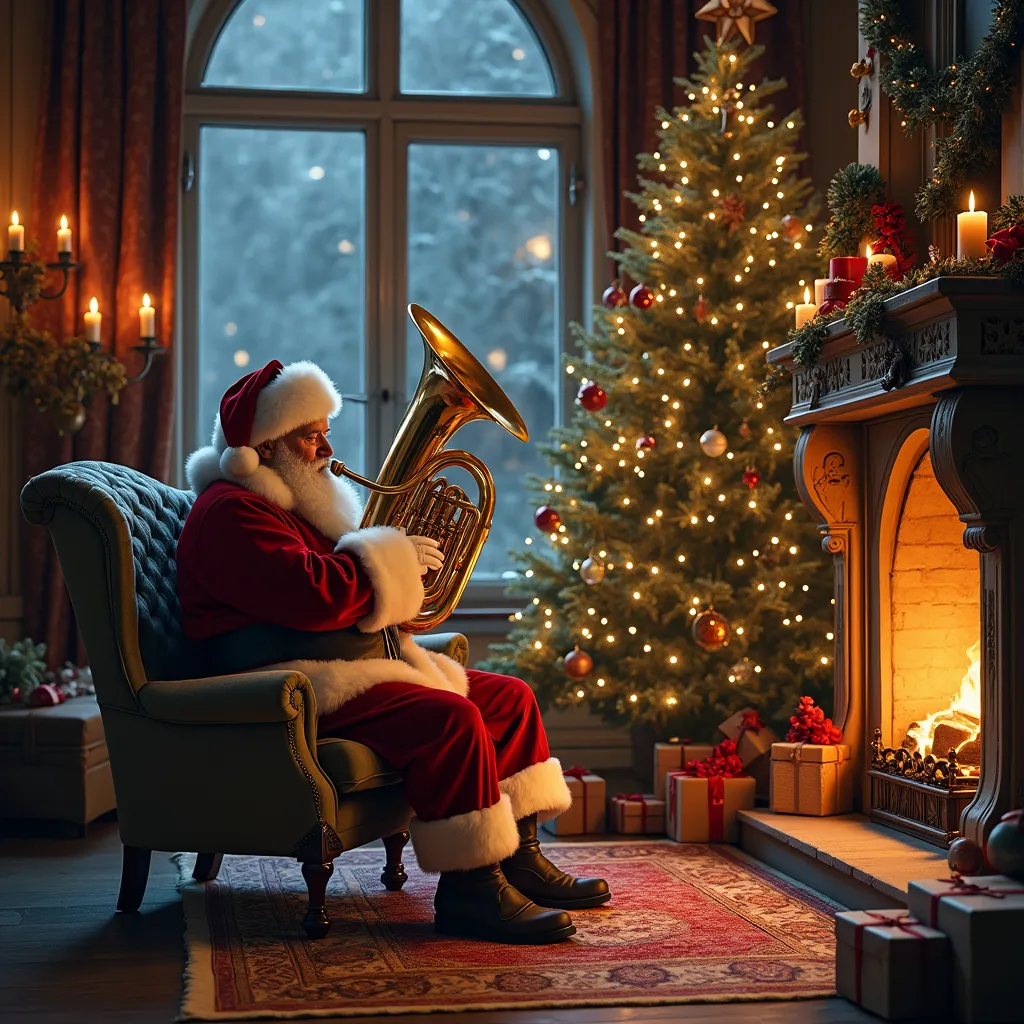 Prompt: Santa Claus is sitting in a living room, Santa is blowing and playing a large tuba, the bell of the tuba faces up, the tuba has three finger values and is very large, mouthpiece of the tuba on lips, sitting upright, there is a huge fireplace, a eloquently decorated Christmas tree, from outside of a large window it is a snowy night,