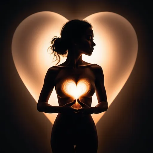 Prompt: "A silhouette with a heart glowing inside":

Imagine a dark silhouette of a woman, standing tall and confident, with soft glowing light emanating from within their chest. The light forms the shape of a heart, radiating warmth and energy, casting a soft glow around the figure. The heart symbolizes self-love, inner strength, and passion. The surrounding space is serene, perhaps with gentle light streaks or subtle sparkles, representing the idea that this inner glow is powerful enough to light the way through life's challenges. The figure itself is composed of flowing, abstract shapes, suggesting fluidity and openness, implying that the person is connected to their own emotions, power, and authenticity.

This image would inspire a sense of embracing one's true self, radiating positivity from within, and finding strength through self-love and passion. The soft glow of the heart represents how our inner power can shine even through difficult times.