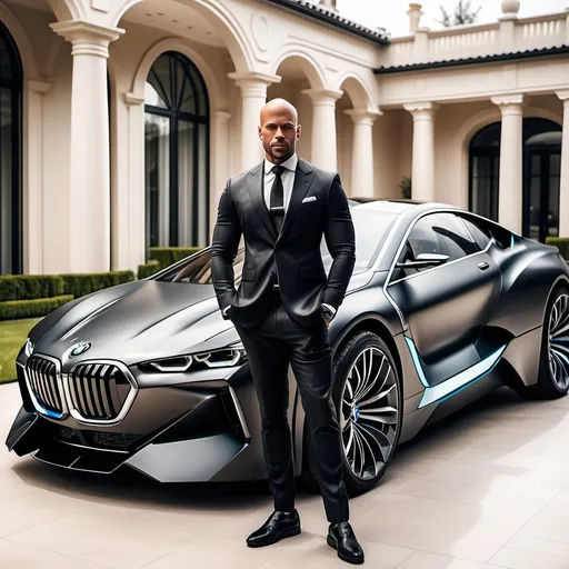 Prompt: A multibillionaire 39 years old light skinned black bald man standing in futuristic concept car bmw in front of a luxurious mansion,the man is dressed in a stylish tailored fitted suit