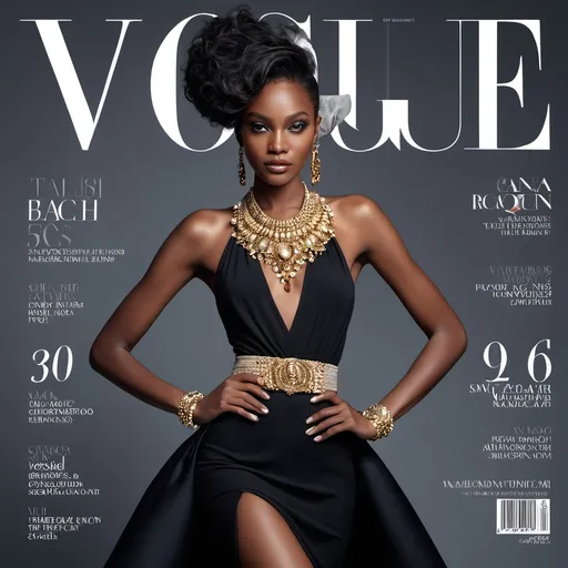 Prompt: High-end fashion Vogue magazine cover, (stylish Black model) posing confidently, glamorous high-fashion outfit, elegant accessories, captivating facial features, soft lighting with a luxurious feel, muted color palette, chic background with designer elements, (ultra-detailed) composition, trendy layouts, dramatic title (magazine within a magazine aesthetic).