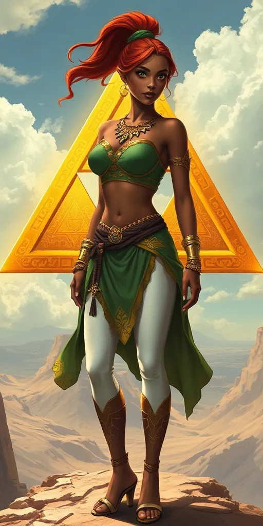 Prompt: A beautiful gerudo women, the triforce from “the Legend of Zelda” three golden triangle that connect and form one large triangle is in the background, the Triforce is powerful, godlike, radiate power, the Triceforce is floating in the sky, The Gerudo woman is Arab and medium build with exaggerated large muscular thighs, dark skin, red hair in short pony tail, green hair tie, gold tight necklace, gold prints on clothing,  short mid-drift, green topArabian white capri pants, white colored pants, pants have gold patterns on them, badge high heel shoes, full body view