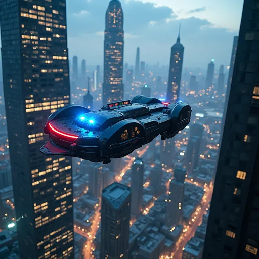 Prompt: A futuristic city, tall skyscraper buildings, the skyscrapers have many windows, view is from the sky, there is a flying police car, the police hover craft car has an aerodynamic shape, the police car has blue and red strobe lights on top, it is night time, all of the flying cars are airborne, the sky is cloudy