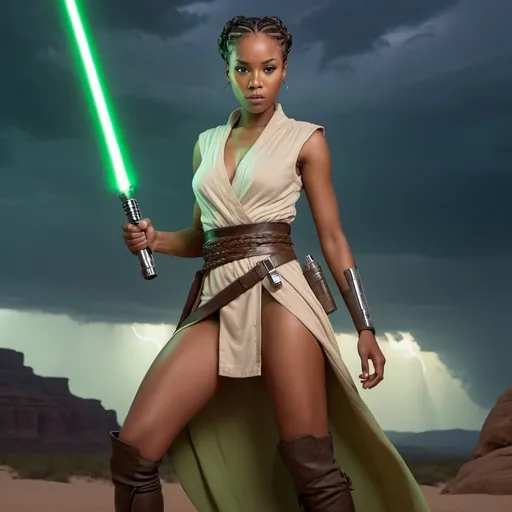 Prompt: (medium full shot) of (jedi)beautiful black woman female pantoran, braided hair, light brown ski, wearing a sleeveless short revealing robe , simple cloth belt, tall leather boots, Jedi communicator, holding two lightsabers with green blade, face, set in a compact, at twilight, Masterpiece, best quality, photorealistic, amazing quality, very aesthetic, extremely detailed face, lightning storm in background