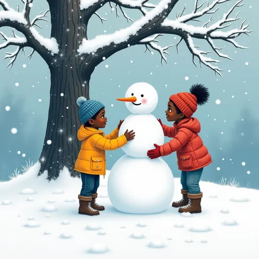 Prompt: Outside on a snow day, the ground is completely covered in snow, there is a very tall tree with blankets of snow covering its branches. Two young black children a boy and a girl are building a snow man together.