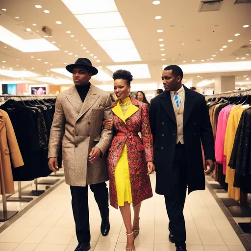 Prompt: 
New YorkCityAfrican  Americans shopping in Bloomingdale’s wearing designer clothes bright lights 