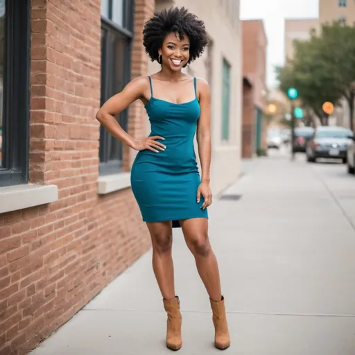 Prompt: young black woman, petite body, 
short afro natural black hair, dress is very short and form fitted, full body photo, teal blue dress, smiling, tan knee high
 heel boots, boots come up to thighs, full body view, shoes showing,