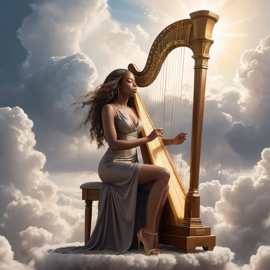 Prompt: Beautiful black woman, playing a harp, sitting on stool playing harp, large golden harp, long brown hair, thin body, tight dress, high slit on dress, high heels, in the sky on top of large clouds, sunlight shining, serious face, realistic, full body view