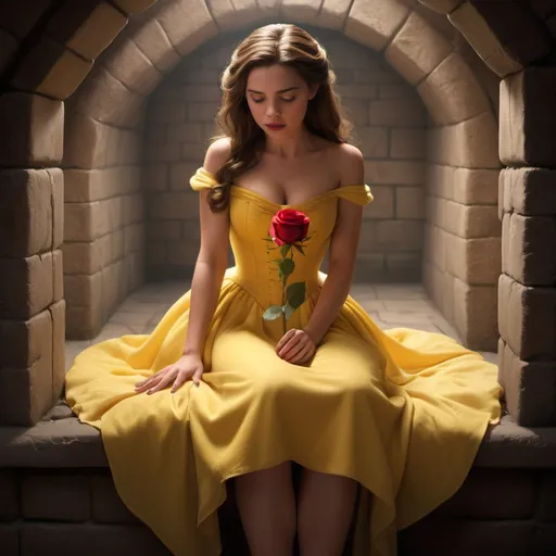 Prompt: belle in bed, beauty and the beast and the beast, Disney movie, very short cut revealing dress, yellow dress is short and tight, corset dress, low cut dress, in a dungeon, cartoon, worried face, full body head to toe view, barefoot, single rose with only one petal, incased with a single rose is inside of glass case