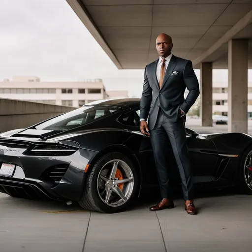 Prompt: Well-dressed bald black man standing next to a sports car with the driver side door open on the top floor of a parking structure.