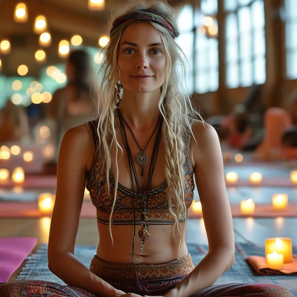 Prompt: A beautiful woman with long curly dirty blond hair, hippie, very colorful low cut clothing, doing yoga in a large yoga studio, candles are on tables near the walls, a big bowl with steam coming out of it is in front of the woman, large windows in the background 

