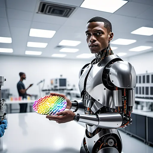 Prompt: A male robot half light skin black man cyborg, in a large semiconductor clean room lab lab holding a 12 inch silicon wafer, the wafer is round colorful and reflective, the robot man is standing up, side view, looking away from viewer