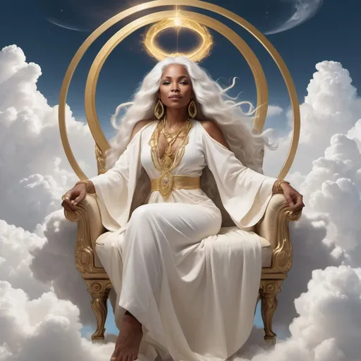 Prompt: Beautiful older black woman, light skin tone, powerful deity,  woman is an enchantress, in the sky on clouds light skin, long white hair, long hair is down to feet, golden bows in hair, halo ring floating over head, sitting on a throne, long white hair is down to feet, gold and diamond jewels, thin body, wearing short robe, barefoot, feet showing, in the sky on top of large clouds, sunlight shining, happy face,realistic, in the sky on top of large clouds, angle bracelet, full body view,