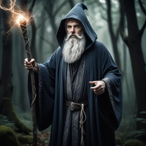 Prompt: A powerful sorcerer, with grey beard, robe style clothing, Merlin, dark forest background, holding a magical staff