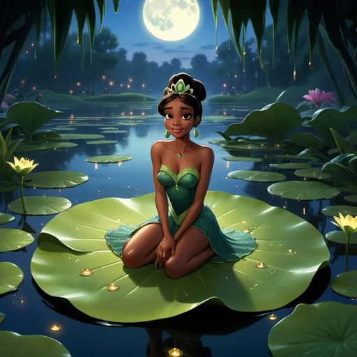 Prompt: Tatiana, princess and the frog, black Disney princess movie, cartoon, seductive, pretty face, full body view,  barefoot, laying on a very huge Lilly pad bed in the middle of a lake, the lilly pad is oversized, low light, frogs are surrounding, moonlight, fireflies