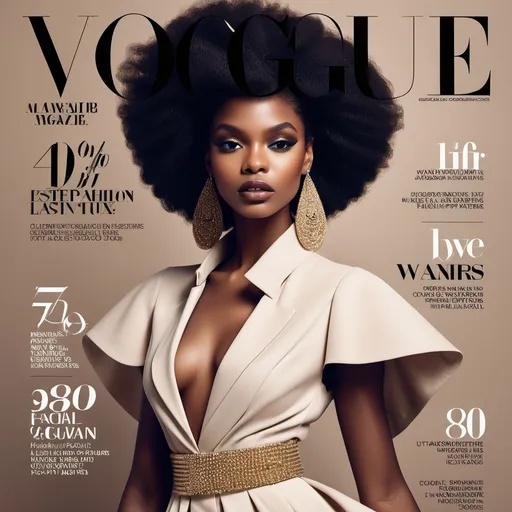 Prompt: High-end fashion magazine cover Vogue magazine, Black woman, (stylish model) posing confidently, glamorous high-fashion outfit, elegant accessories, captivating facial features, soft lighting with a luxurious feel, muted color palette, chic background with designer elements, (ultra-detailed) composition, trendy layouts, dramatic title typography, (magazine within a magazine aesthetic).
