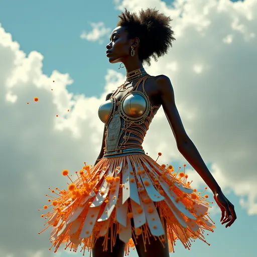 Prompt: Beautiful young black woman,  Surreal, mysterious, strange, fantastical, fantasy, Sci-fi,, thread spool, swallow, glass composite polyhedron, geometric machine, dandelion miniskirt beautiful woman, perfect voluminous body, detailed masterpiece