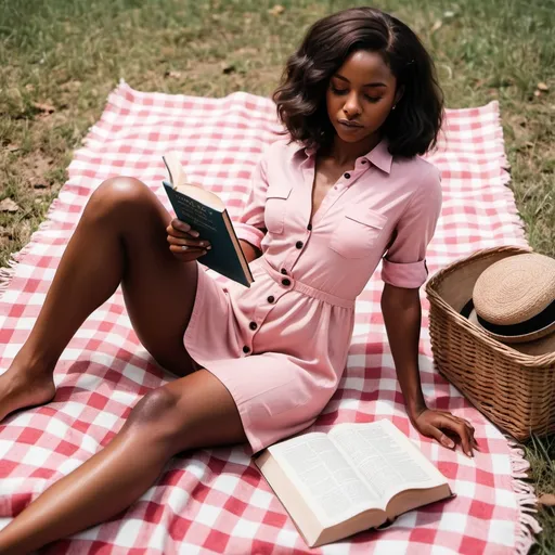 Prompt: Slim brown skin black beautiful woman, form fitted slim long pink button down dress, barefoot, short straight shoulder length hair, on a picnic blanket reading a book