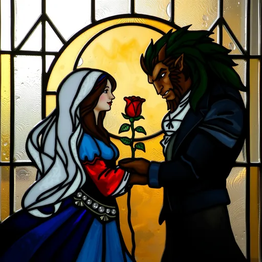 Prompt: Beauty and the beast stain glas window with a single rose
