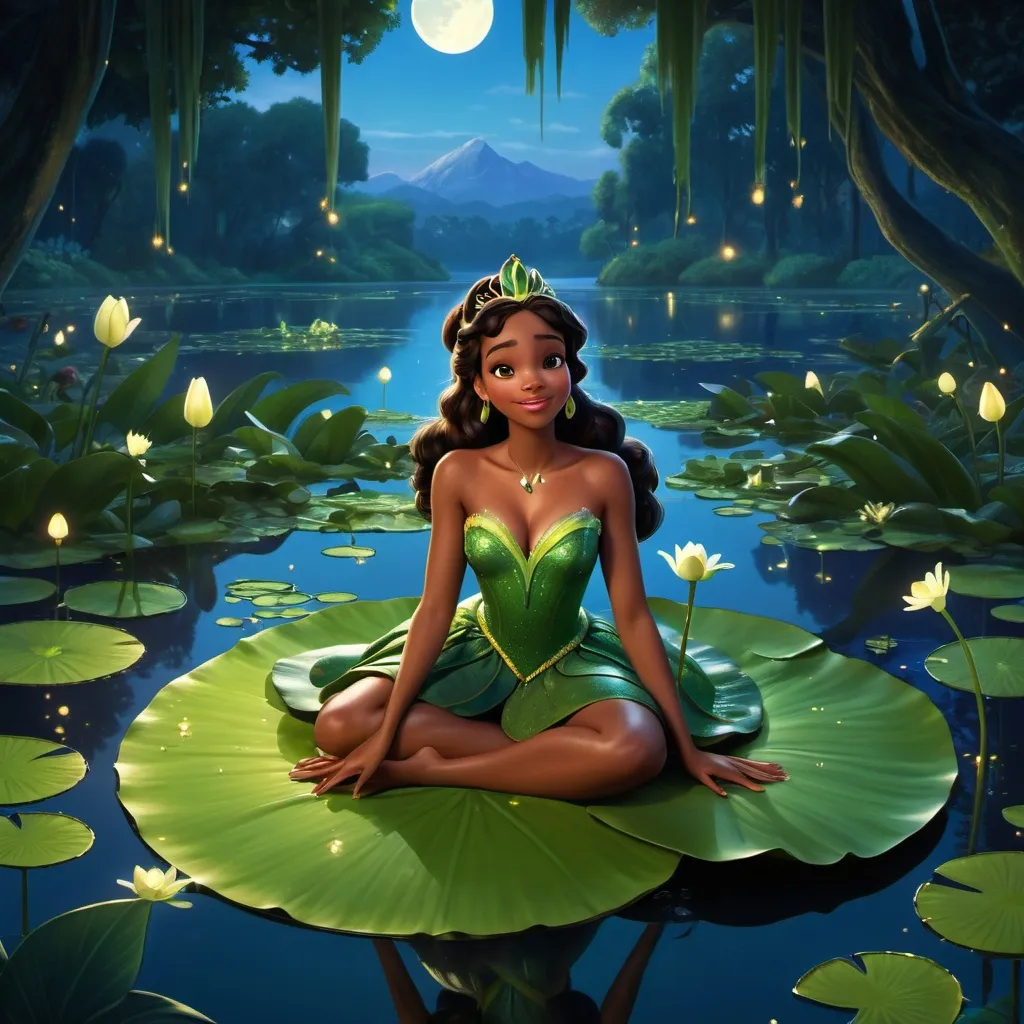 Prompt: Tatiana, princess and the frog, black Disney princess movie, cartoon, pretty face, full body view,  barefoot, laying on a very huge Lilly pad bed in the middle of a lake, the lilly pad is oversized, low light, frogs are surrounding, moonlight, fireflies, pretty feet