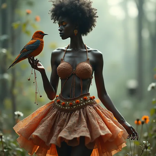 Prompt: Beautiful young black woman,  Surreal, mysterious, strange, fantastical, fantasy, Sci-fi,, thread spool, swallow, glass composite polyhedron, geometric machine, dandelion miniskirt beautiful woman, perfect voluminous body, detailed masterpiece