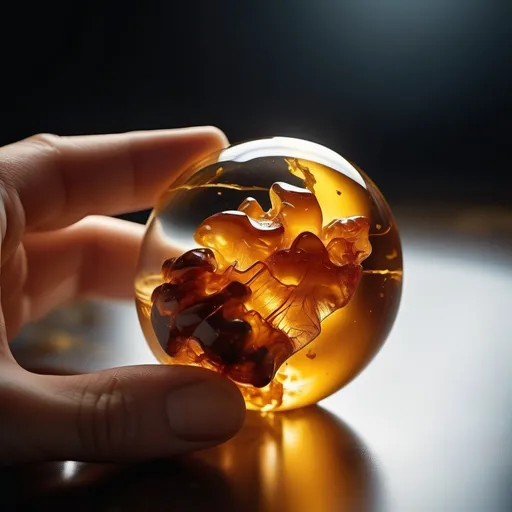 Prompt: improved cinematic photo, 35mm photograph, film, professional, 4k, highly detailed,
An amber fragment enclosing a Human Heart,
The amber fragment is a smooth, slightly irregular sphere, roughly the size of a marble, with a warm golden-brown hue. Its surface is polished, gleaming softly under light, revealing a mesmerizing play of golden, honey, and orange tones. Tiny air bubbles and organic inclusions are scattered throughout, lending it a sense of antiquity and natural complexity.
Inside, a perfectly preserved Human Heart lies suspended in time, its delicate body encased in the translucent amber.
Around the Human Heart, subtle striations and minute organic fragments, possibly plant material or dust, create a vignette that frames the insect. The amber’s clarity varies in places, with some sections slightly cloudy, further accentuating