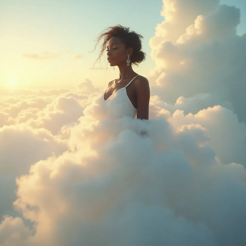 Prompt: (Black woman in a stunning dress made of clouds), ethereal clouds enveloping her, whimsical and dreamy atmosphere, soft flowing fabric blending with the sky, light and airy tones, warm sunlight filtering through, peaceful and serene ambiance, ultra-detailed, high quality, surrealist style, heavenly background with soft gradients and fluffy cloud formations.