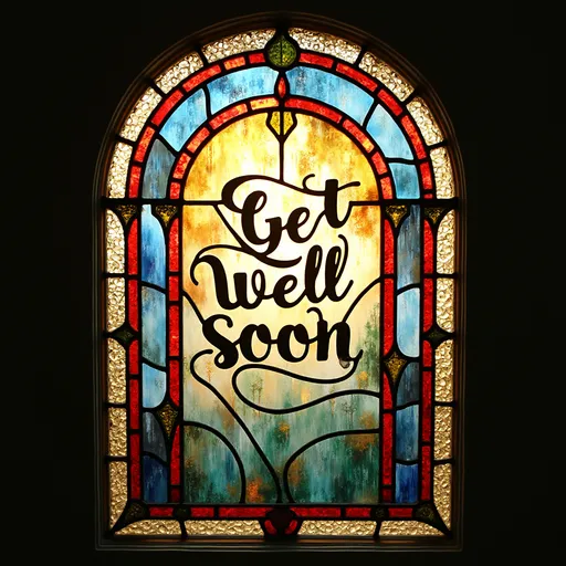 Prompt: Engraved on a stain glass window, beautiful colors, "Get well soon" is patterned on the window