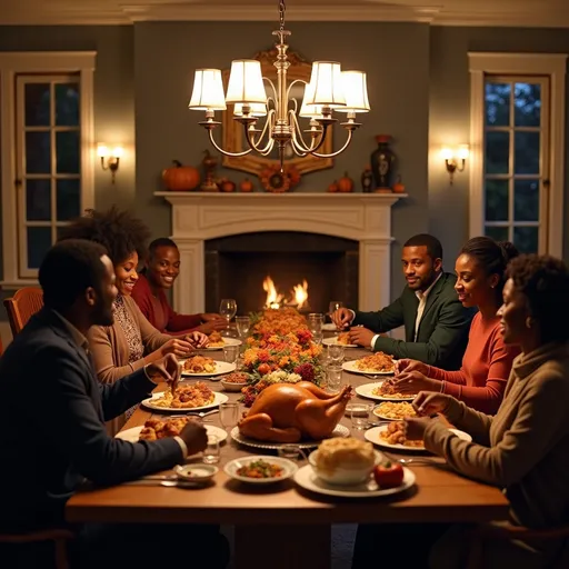 Prompt: A black family at home in the dining room having thanksgiving dinner, huge nicely decorated house, turkey and many fines food are on the table, huge dining room table