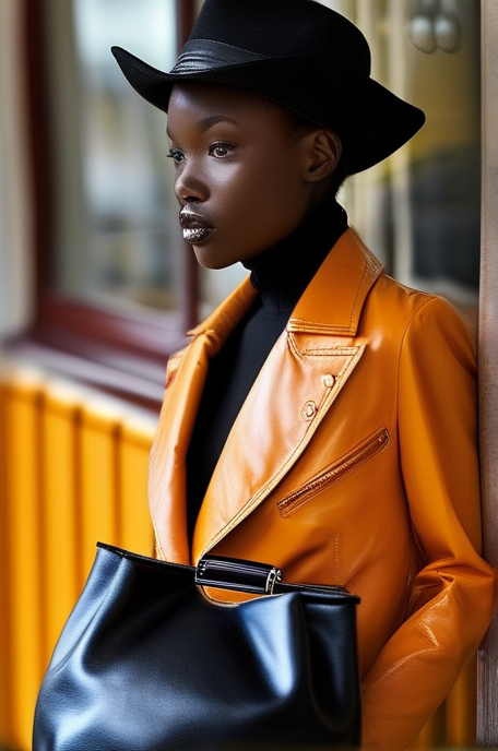 Prompt: Beautiful creased black leather blazer with a glossy patina on a beautiful young black woman, striking jumbo lips, jacket reflecting orangish background light in its creases, tight black leather gloves, large creased soft black leather hobo bag at her side, waiting in a English tea house