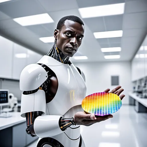 Prompt: A male robot half black man cyborg, in a clean room lab lab holding a 12 inch silicon wafer, the wafer is colorful and reflective, the man is standing up, side view, looking away from viewer