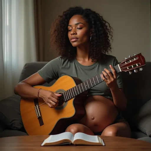 Prompt: Young biracial black woman, slim petite body, , large pregnant stomach pregnant huge stomach, playing guitar and sings with passion, bible on the table in front of her, very pregnant ,hour glass body,  beautiful, short tight t shirt, shoulder length brown hair, barefoot,  sitting on couch, 