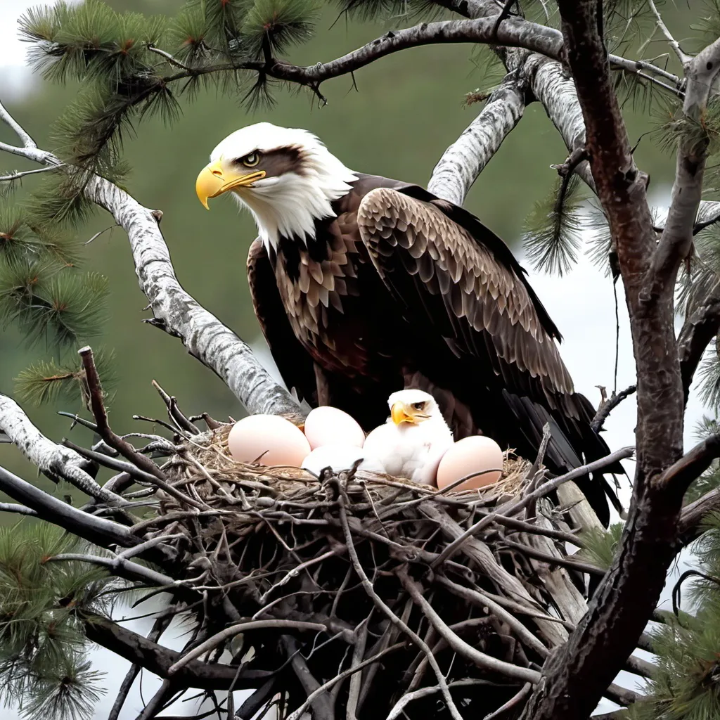 Prompt: Huge Eagles nest with eggs and baby eagles