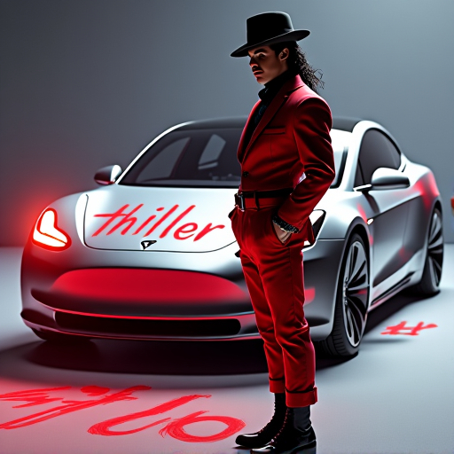 Prompt: Micheal Jackson in thriller outfit, standing in front of a futuristic Tesla car, the Tesla is Spray painted with the word “thriller”