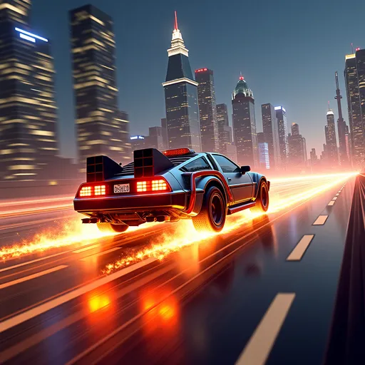 Prompt: Car from the “back to the future” movie, futuristic city background, the car is traveling at a very high speed taking off in flight, the car has left flaming tire tread lines on the road behind it